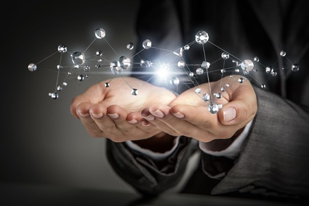 Close of businesswoman presenting in palm social net connection concept. 3D renderingの写真素材