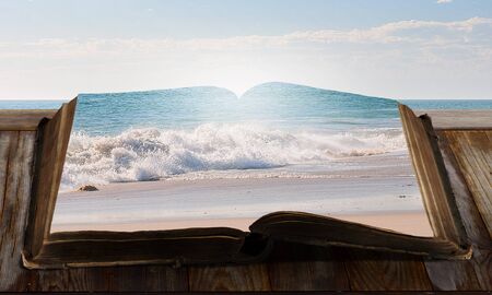 Old brown book and sea landscape on pagesの写真素材
