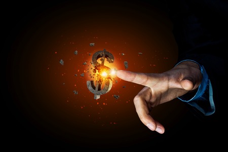 Businessman hand presses with fdinger digital interface dollar signの写真素材