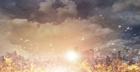 Landscape of modern city burning in fireの写真素材