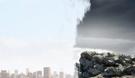 Modern cityscape and natural landscape as symbol of choice between twoの写真素材