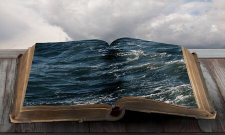 Old brown book and sea landscape on pages
