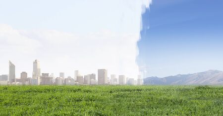 Modern cityscape and natural landscape as symbol of choice between twoの写真素材