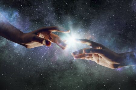 Close up of human hands touching with fingersの写真素材