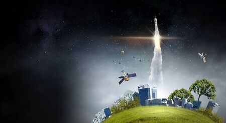 Missile rocket flying high in dark sky