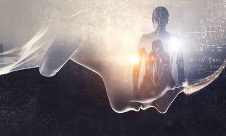 Cute girl and modern city . Mixed mediaの写真素材