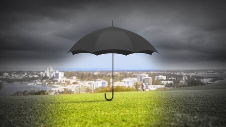 Black umbrella in sky . Mixed mediaの写真素材