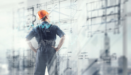Builder man and media interface . Mixed media