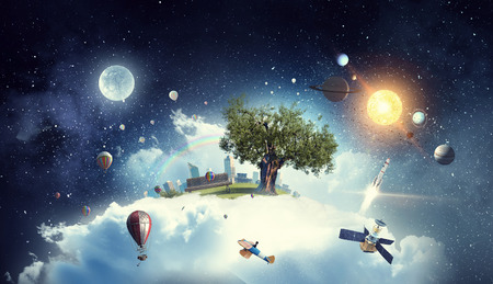 Modern city in clouds. Mixed media . Mixed mediaの写真素材