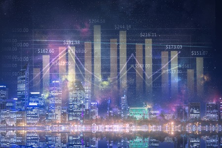 Modern business city background . Mixed media