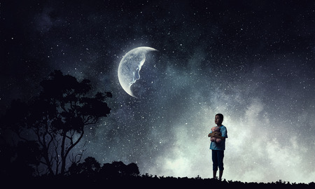 Kid boy with best friend . Mixed mediaの写真素材