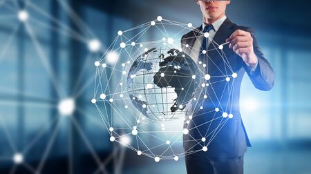 Close of businessman drawn on screen social connection concept. 3D renderingの写真素材