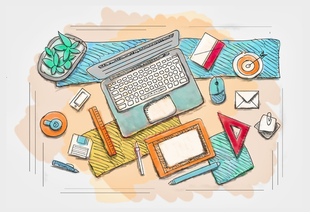 Colored illustration of workplace with different office staffの写真素材