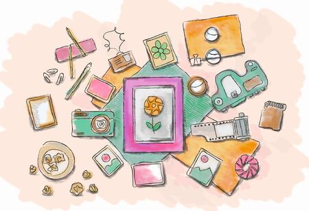 Drawn image of work table with objectsの写真素材