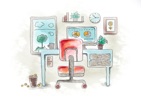 Drawn image of work table with objectsの写真素材