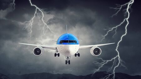 Airplane in night sky. Mixed media
