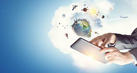 Technologies connecting the world. Mixed mediaの写真素材