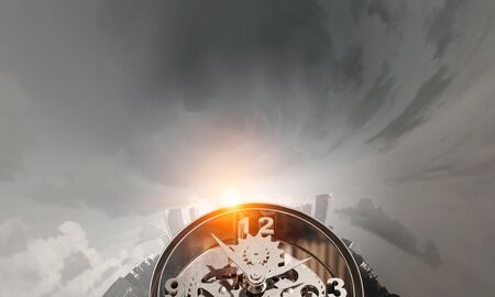 Background conceptual image with old clock mechanism. Mixed mediaの写真素材