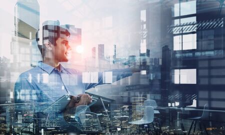 Guy surfing the net. Mixed mediaの写真素材