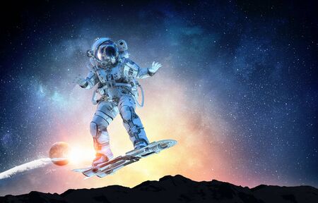 Spaceman on flying board. Mixed media