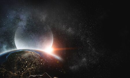 Globe and moon planet. Mixed media