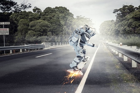 Spaceman on flying board. Mixed mediaの写真素材