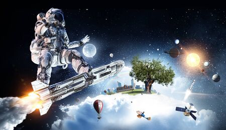 Spaceman on flying board. Mixed mediaの写真素材