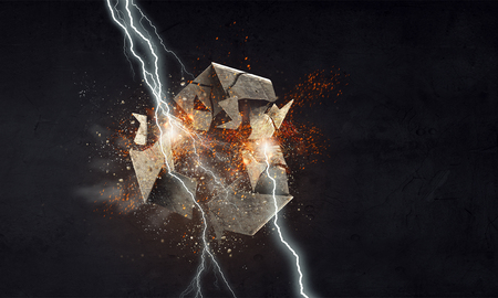 Lightning striking stone recycling symbol. Mixed mediaの写真素材