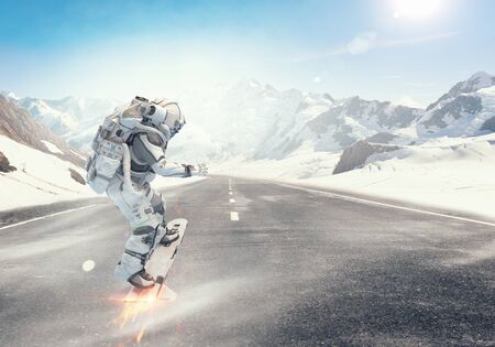Spaceman on flying board. Mixed mediaの写真素材