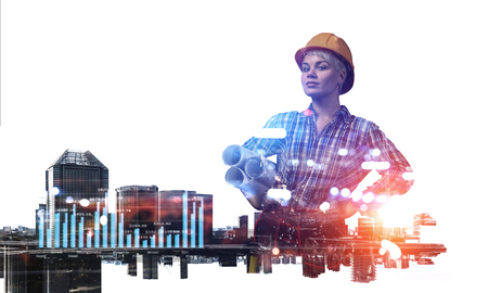 Engineer woman and cityscape. Mixed mediaの写真素材