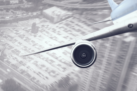 Close of airplane in sky. Mixed mediaの写真素材