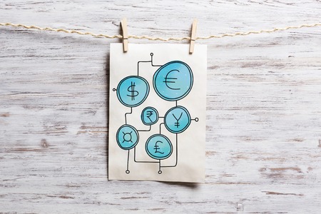 Paper pinned to rope. Mixed media . Mixed mediaの写真素材