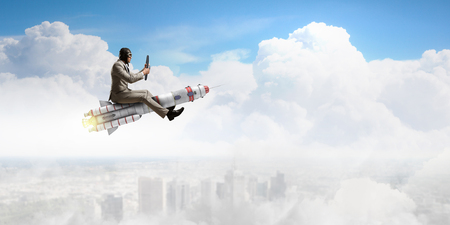 Aviator riding rocket. Mixed media . Mixed mediaの写真素材