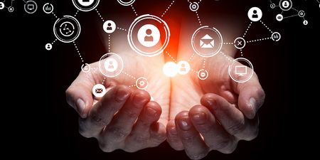 Close of human hands holding with care networking concept. 3D render