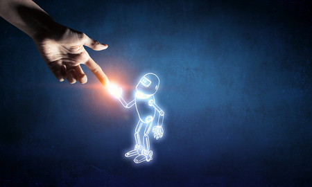 Human hand touching with finger robot sketched designの写真素材