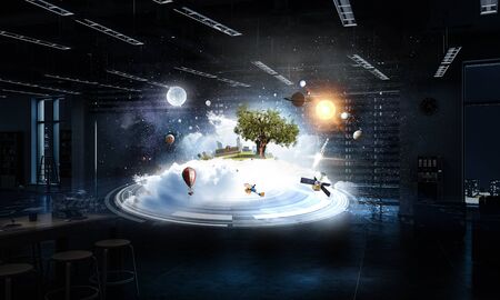 Dark office interior with city on cloud. Mixed media