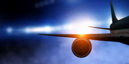 Silhouette of airplane in sky. Mixed media