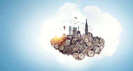 Modern city exterior island floating in air. Mixed mediaの写真素材