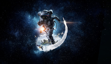 Astronaut in space suit running in starry sky. Mixed media