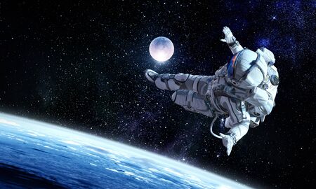 Astronaut floating in open space. Mixed media