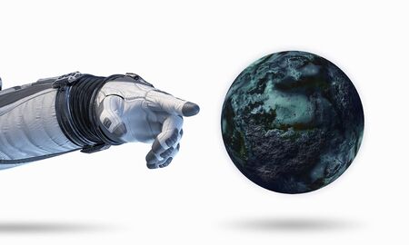 Close of astronaut robotic hand touching planet.の写真素材