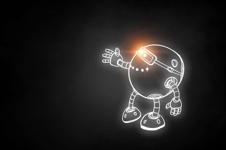 Funny childish drawn robot on dark backgroundの写真素材