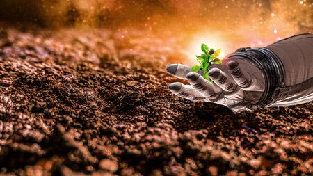 Hand of astronaut and green sprout. Mixed mediaの写真素材