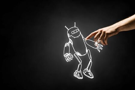 Human hand touching with finger robot sketched design