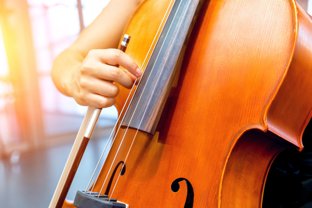 Close up of cello with bow in handsの写真素材