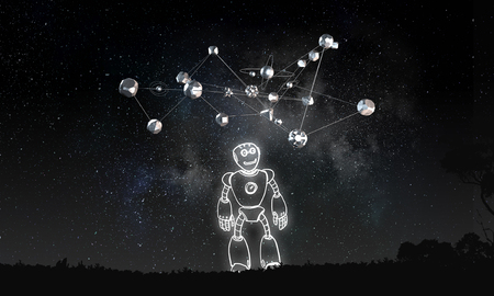 Funny childish drawn robot on dark background