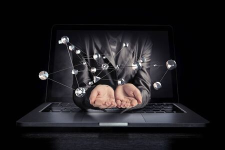 Close of businesswoman holding in palm metal connection grid. 3d renderingの写真素材