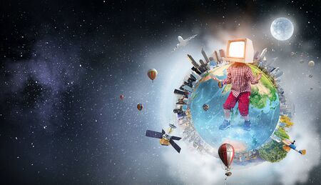 Kid boy with TV monitor for his head. Mixed media.