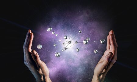 Male palms and metal connection concept with lines and dots. Mixed mediaの写真素材