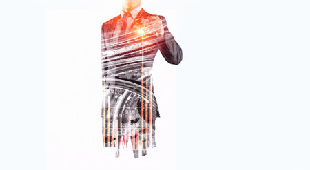 Double exposure of businessman drawing on screen and modern city on white backgroundの写真素材